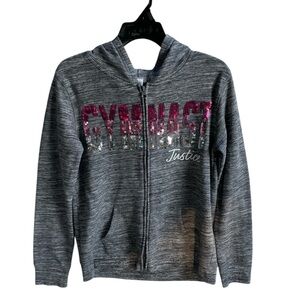 JUSTICE GIRLS SEQUIN GYMNAST ZIP UP LONG SLEEVE HOODIE JACKET POCKETS SIZE 12/14